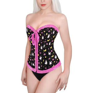 Women's Lace Up Boned Black and Pink Overbust Corset Bustier Bodyshaper  Top